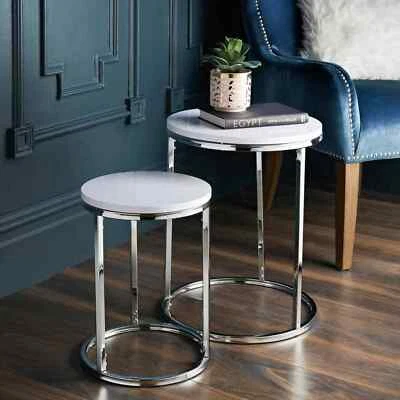 High Gloss Set of 2 Coffee Nest Tables Side End Table White With Chrome Legs - Image 1 of 2