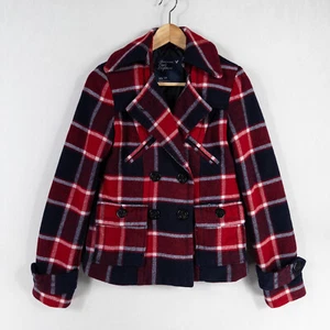 Chaqueta Abrigo American Eagle Pea Mujer XS Rojo Blanco Azul Cuadros Mezcla Lana Bolsillos - Imagen 1 de 8
