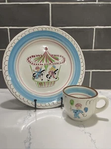 Vintage Stangl Pottery Kiddieware Blue Carousel Child's Ceramic Plate & Mug 5019 - Picture 1 of 20