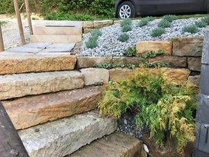 7 Stück Gartenstufen 100*35*15 gespalten/gespitzt, Sandstein beige/gelb - Bild 1 von 12