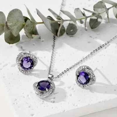 Juego de collar/pendientes redondos de amatista creados en laboratorio cadena de caja chapada en oro blanco de 14 k Foto 1 de 4