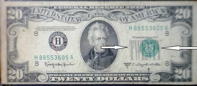 1950d ERROR BIG 3rd Print Shift $20 VF Federal Reserve Note Currency  NR - Image 1 of 4