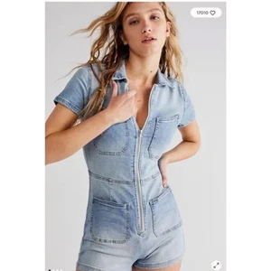 NWT Free People Womens CRVY Lennox Shortsuit Romper Denim Zip Up Blue Size 14 - Picture 1 of 10