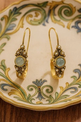 Pendientes Aguamarina Italia Aro Azul Deco Victoriano Art Nouveau Perla Oro Boho Foto 1 de 4