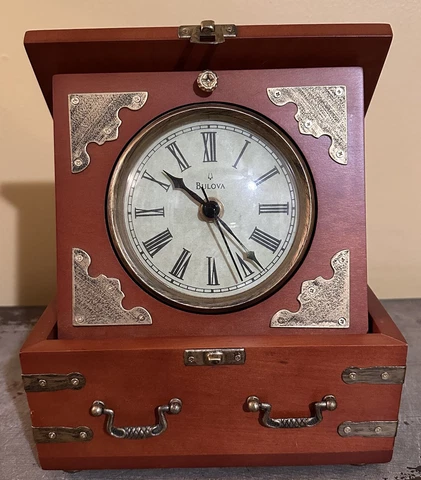 Bulova Edinbridge B7450 Wood & Brass Tone Metal Table Clock Treasure Box Case Cover