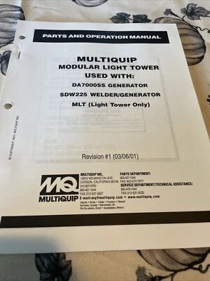Multiquip MLT-DA7/SDW Light Tower DA7000SS SDW225 Instruction Parts Manual Book - Image 1 of 4