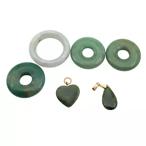 Vtg Carved Nephrite Jade Pendant Round Bi Disc Donut Bead Lot 6 Pc Heart Icy - Picture 1 of 7
