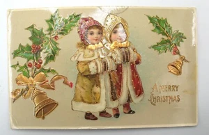 Antique German Embossed Christmas Postcard 1908 Kids Colorful B.W. 296 - Picture 1 of 3