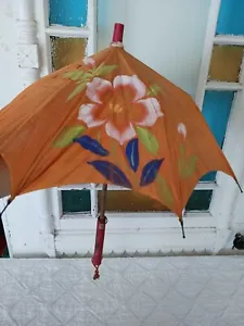 Antique Vintage Parasol Umbrella Hand-Painted Floral Orange Silk Red Wood Handle - Picture 1 of 10