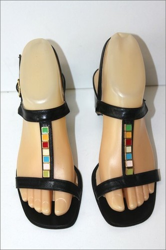 ADIDAS HEYRAUD Sandales Lanières Tout Cuir Noir Motifs Colorés T 36 TBE