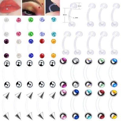 12pc Set Steel Crystal Barbell Curve Eyebrow Ring Flexible Ear Tongue Bar 8/10mm Foto 1 de 3