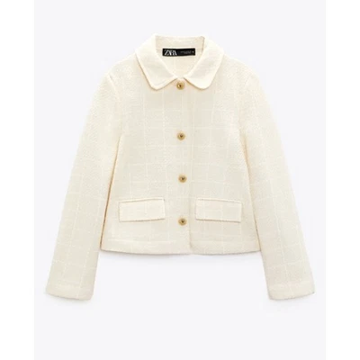 Chaqueta Zara Tweed Recortada Marfil Dorado Botones Cuello Preppy Academia Pequeña Nueva con Etiquetas Foto 1 de 4