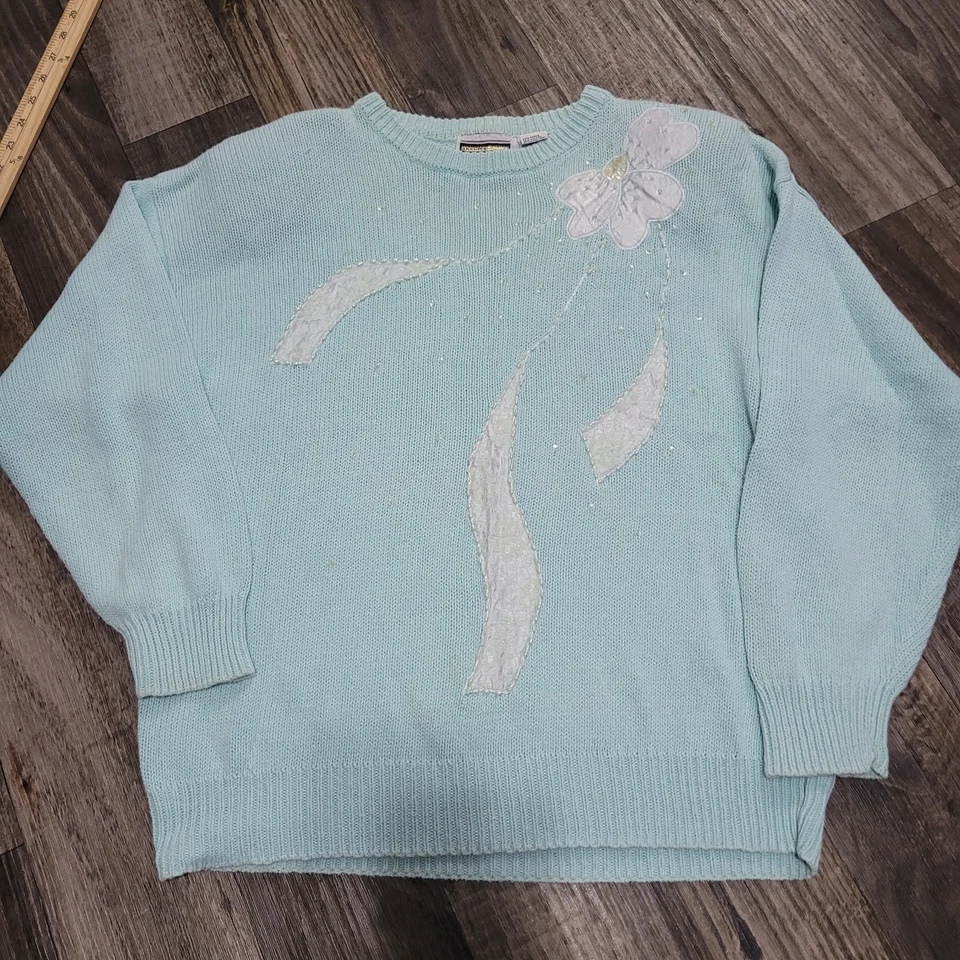 Suéter azul vintage para mujer con cuentas de encaje en cualquier momento brillo talla grande Foto 1 de 4