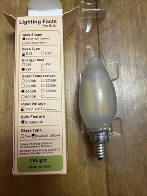(4) NEW CRLight Dimmable LED Frosted 4000K Bullet Top Bulb Candelabra E12 6W - Image 1 of 4