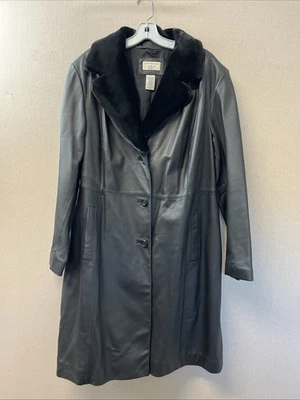 COVINGTON Black Leather Jacket Button Trench Sz 16w Faux Fur Collar D1122324 - Image 1 of 4