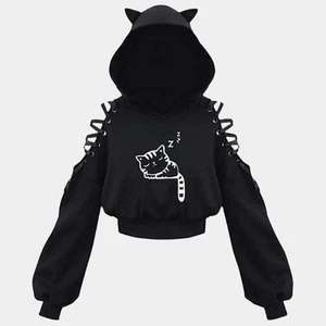 Womens Adorable Cat Ear Sweatshirt Long Sleeve Casual Crop Top with Strap Design - Picture 1 of 4