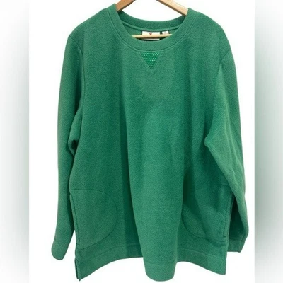 Quacker Factory Green Fleece Crew Neck Embellished Pullover with Side Pockets XL - Image 1 of 4