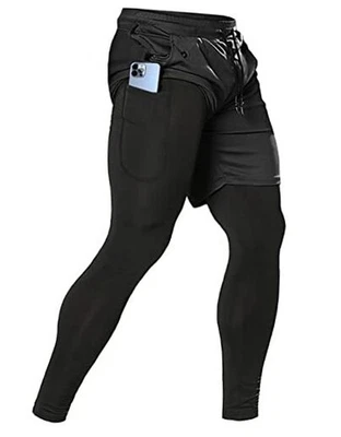  Pantalones de correr 2 en 1 para hombre, pantalones de compresión de entrenamiento de gimnasio para hombre medianos negros Foto 1 de 4