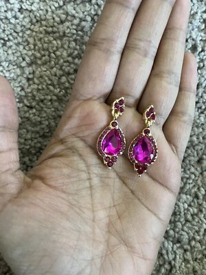 "Pendientes fucsia rosa intenso largo colgante concurso estrás cristal dorado 1,5""" Foto 1 de 4