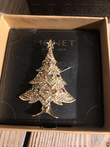 Broche Árbol de Navidad Monet Estrás Elegante Tono Dorado Nuevo En Caja Original - Imagen 1 de 8