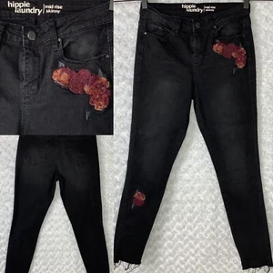 Hippie Laundry Black Mid Rise Skinny Jeans W/ Rose Embroidery Size 28 Rough Hem - Picture 1 of 10