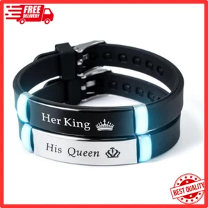 Matching Couples Bracelets His Queen Her King Luminous Valentine Day Gift Black - Picture 1 of 9