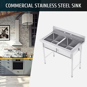 Commercial Kitchen Utility & Prep Sink Stainless Steel Backsplash 2 Compartment