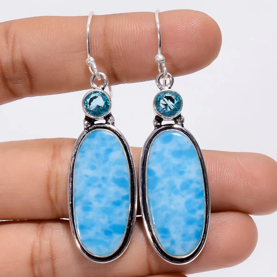 Pendientes de plata 925 con piedras preciosas de topacio azul Larimar joyería de moda 2,2" ARE-2985 Foto 1 de 1