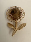 Vintage Filigree Gold Tone Flower Brooch Pin W/Polished Carnelian