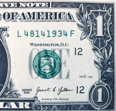 1934 Trailing Birth Year Note Fancy Serial Number  Series 2021 L48141934F - Image 1 of 3