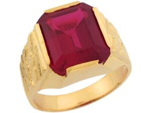 10k or 14k Yellow Gold Simulated Ruby July Birthstone Sleek Stylish Mens Ring
