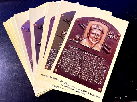 (13) Yellow Hall of Fame Plaque postcard PC Mickey Mantle Bob Gibson Bench Aaron Cover