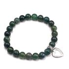 8mm Round Beads Natural Moss Agate Gemstone Stretchable Heart Bracelet 7.5"