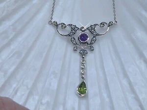 SILVER SUFFRAGETTE COLOUR AMETHYST,PERIDOT & PEARL NECKLACE - Picture 1 of 10