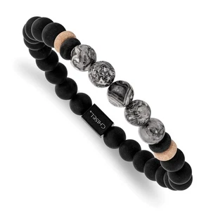 Pulsera elástica de acero inoxidable cepillado negro IP ágata negra/jaspe gris 7,2... - Imagen 1 de 4