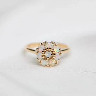 Flower Opal Engagement 925 Sterling Silver Ring Welo Opal Gold Plated Women Ring - Image 1 of 4