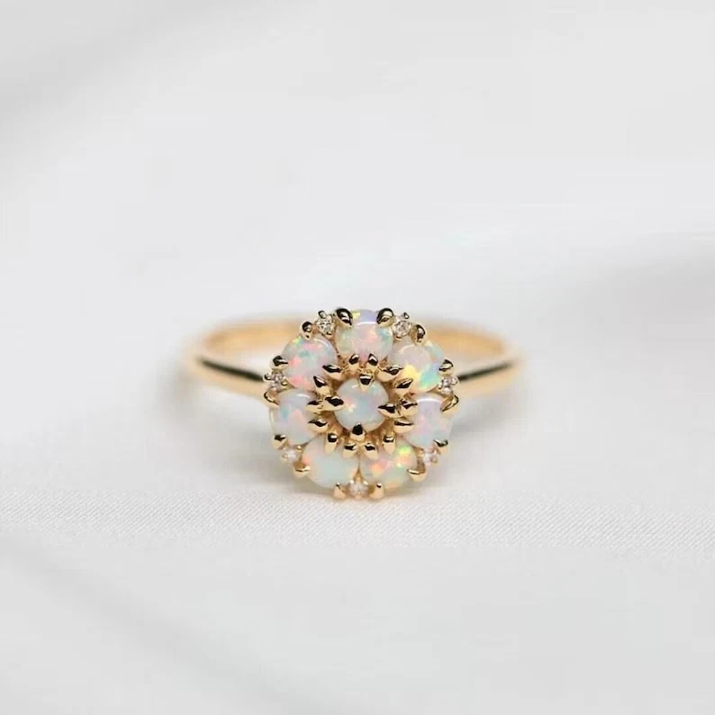 Flower Opal Engagement 925 Sterling Silver Ring Welo Opal Gold Plated Women Ring - Image 1 of 4
