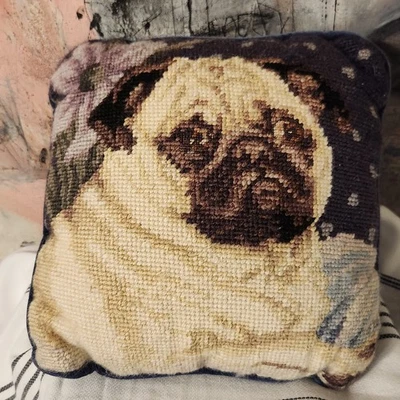 Vintage Needlepoint Pug Dog Mini Accent Throw Pillow blue Velvet Backing AS IS - Image 1 of 4