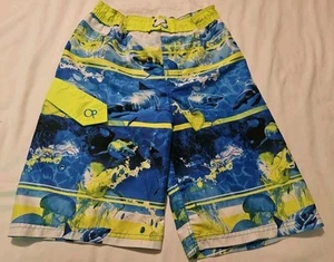 Op Swim Trunks Boys Size L 10-12 Blue Neon Yellow Sharks Jelly Lined - Picture 1 of 4