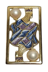 Trifari Gold-Plated King of Diamonds Blue Purple Enamel Faux Pearl 1970-80s Pin - Picture 1 of 9