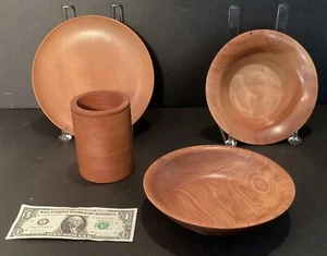 Signed R. Hine Hand turned Cherry Wood Bowls, 1 Dish, & 1 Pencil Holder - Picture 1 of 9