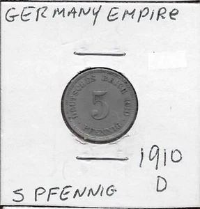 GERMANIA IMPERO 5 PFENNIG 1910-D GUGLIELMO II, GRANDE AQUILA IMPERIALE INCORONATA CON SHI - Foto 1 di 2