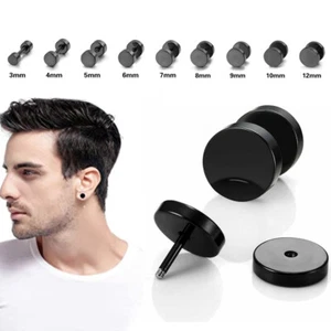 2PCS 3-14mm Black Screw Stud Earrings for Men Women Steel Cheater Fake Ear Plugs - Picture 1 of 18