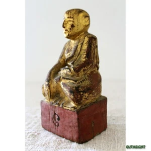 Wood carving monk Myanmar Burma Lacquered Gold Antique 19th century - Picture 1 of 6