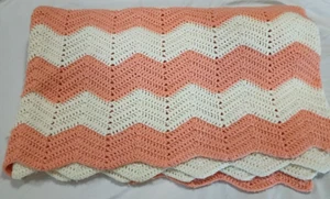 Vintage Afghan Chevron Crochet Zig Zag Throw Peach Cream Granny Core 66” x 67” - Picture 1 of 6