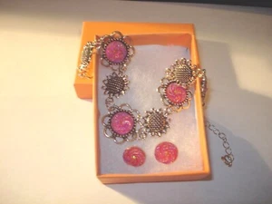  AB Rhinestone Glitter Pink Floral Bracelet n Post Earrings - Picture 1 of 5