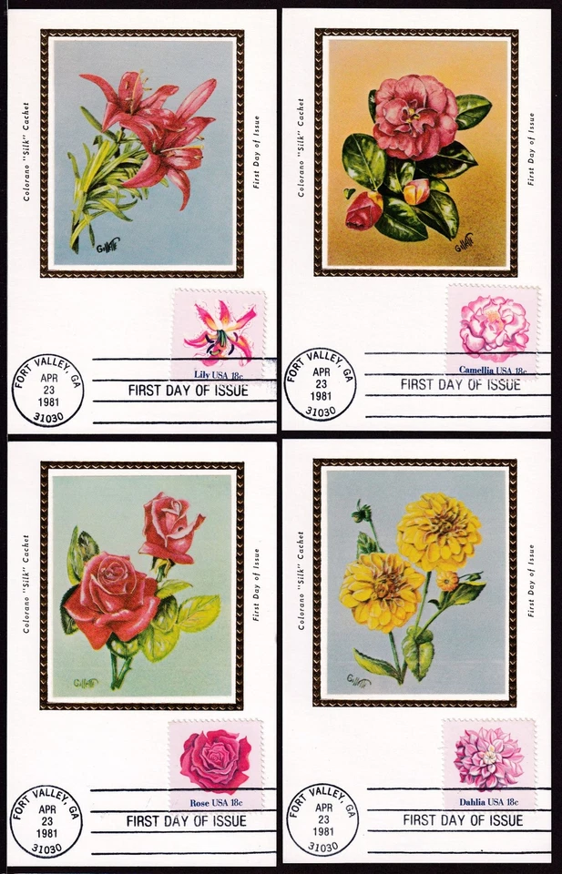 1981 Sc 1876-9 1879a Rose Camellia Dahlia Lily, Colorano maxi-card set of 4 - Image 1 of 1