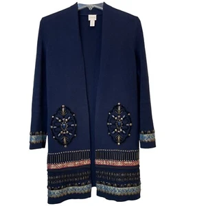 Chico’s Elektra Open Embellished Cardigan Sz 0 (S/4) Petite Beaded Ribbon Braid - Picture 1 of 14