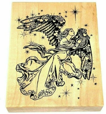 RARO Vintage 1994 PSX K-1332 Ángel de Navidad Montado en Madera Sello de Goma 4" x 3.5" Foto 1 de 3