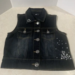 Pixi Girls Jean Vest Sz S-M Black Demin Rhinestones Snap Closure Med Wash - Picture 1 of 11
